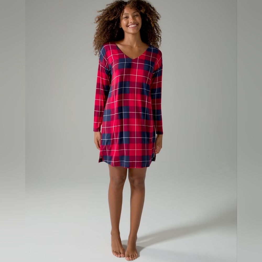 NWOT Soma Cool Nights Blanket Plaid Long-Sleeve Sleepshirt/Nightgown Size S